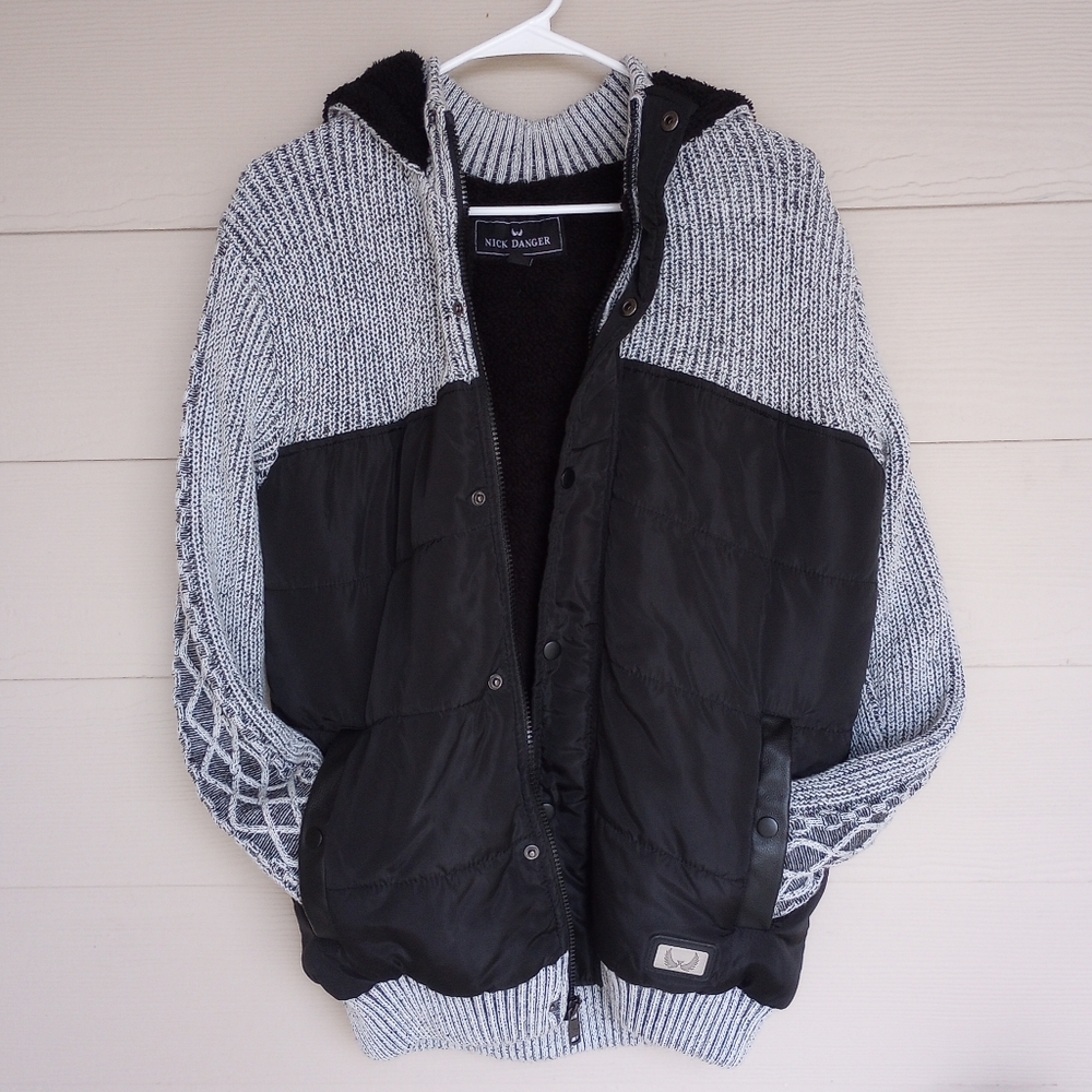 NWOT Nick Danger Men's Black Puffer and Gray Knitted Hooded Jacket Sweater